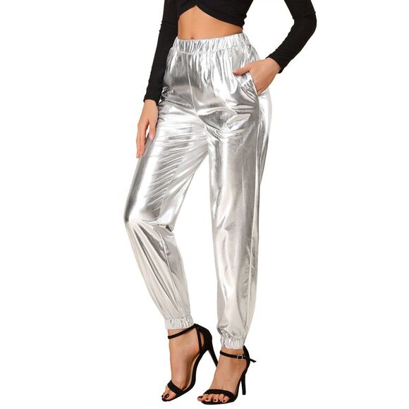 Metallic Trousers Shiny Sparkle Elastic Waist Holographic Pants Sliver - Picture 1 of 6